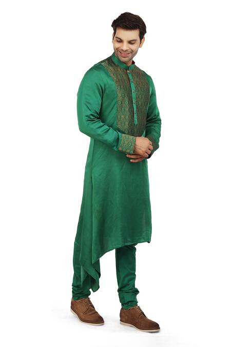 Nitesh Singh Chauhan_Green Linen Satin Asymmetric Kurta Set _Online_at_Aza_Fashions
