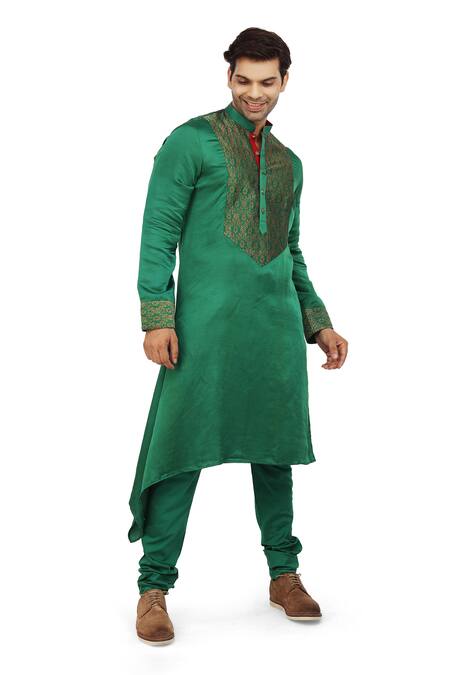 Shop_Nitesh Singh Chauhan_Green Linen Satin Asymmetric Kurta Set _Online_at_Aza_Fashions