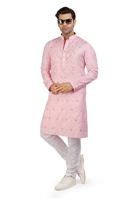 Shop_Nitesh Singh Chauhan_Pink Cotton Silk Floral Motifs Embroidered Kurta Set _Online_at_Aza_Fashions