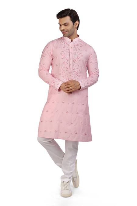 Nitesh Singh Chauhan_Pink Cotton Silk Floral Motifs Embroidered Kurta Set _at_Aza_Fashions