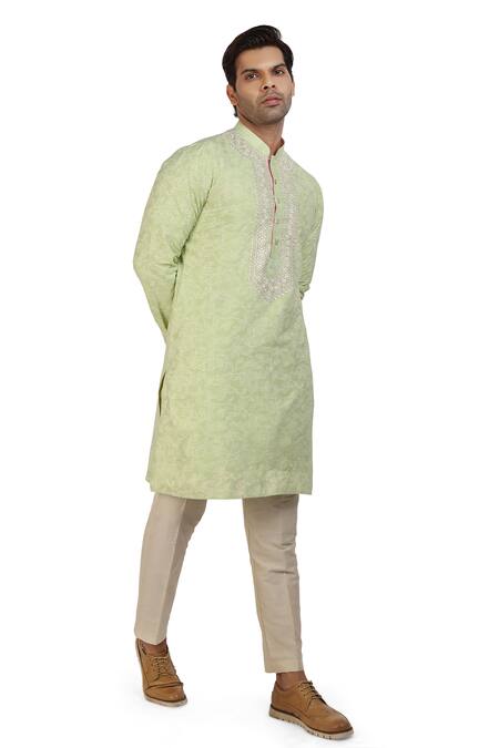 Nitesh Singh Chauhan_Green Cotton Silk Black Print Block Kurta Set _Online_at_Aza_Fashions