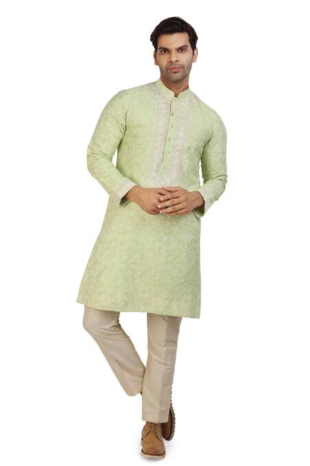 Buy_Nitesh Singh Chauhan_Green Cotton Silk Black Print Block Kurta Set _Online_at_Aza_Fashions