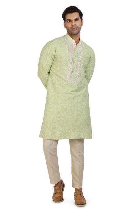 Shop_Nitesh Singh Chauhan_Green Cotton Silk Black Print Block Kurta Set _Online_at_Aza_Fashions
