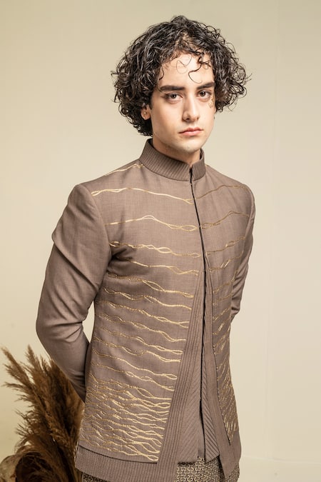 Abkasa_Brown Terrycloth, Rayon Zari Obidos Wave Embroidered Bandhgala Set _Online_at_Aza_Fashions