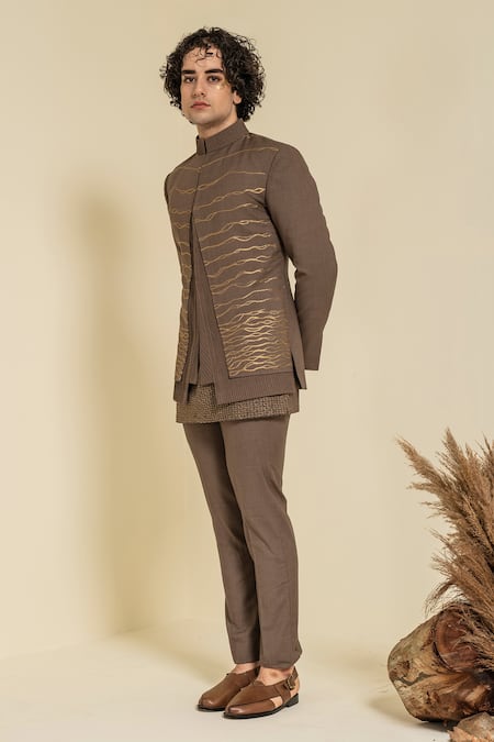 Buy_Abkasa_Brown Terrycloth, Rayon Zari Obidos Wave Embroidered Bandhgala Set _Online_at_Aza_Fashions
