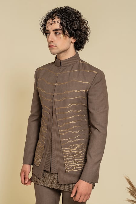 Abkasa_Brown Terrycloth, Rayon Zari Obidos Wave Embroidered Bandhgala Set _at_Aza_Fashions
