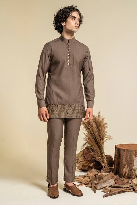 Abkasa Brown Terry Rayon Gold Zari Mandarin Collar Kurta And Trouser Set Online at Aza Fashions Abkasa_Brown Terry Rayon Gold Zari Mandarin Collar Kurta And Trouser Set _Online_at_Aza_Fashions