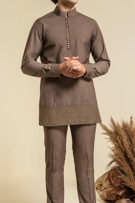Buy Abkasa Brown Terry Rayon Gold Zari Mandarin Collar Kurta And Trouser Set Online at Aza Fashions Buy_Abkasa_Brown Terry Rayon Gold Zari Mandarin Collar Kurta And Trouser Set _Online_at_Aza_Fashions