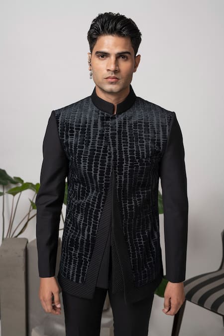 Abkasa Black Terrycloth Embroidery Pintuck Bandhgala And Trouser Set Online at Aza Fashions Abkasa_Black Terrycloth Embroidery Pintuck Bandhgala And Trouser Set _Online_at_Aza_Fashions