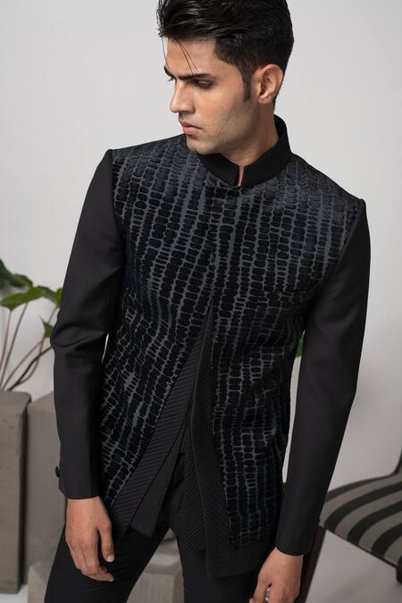 Shop Abkasa Black Terrycloth Embroidery Pintuck Bandhgala And Trouser Set Online at Aza Fashions Shop_Abkasa_Black Terrycloth Embroidery Pintuck Bandhgala And Trouser Set _Online_at_Aza_Fashions