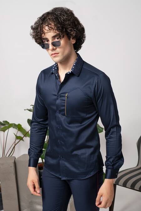 Abkasa_Blue Cotton Gerald Mesh Collar Shirt _Online_at_Aza_Fashions