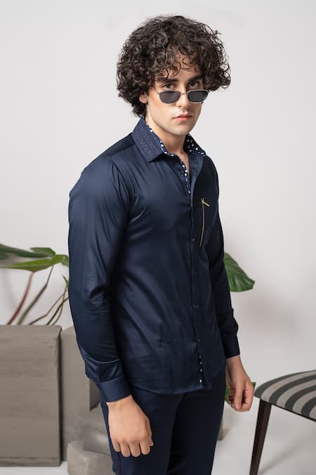 Buy_Abkasa_Blue Cotton Gerald Mesh Collar Shirt _Online_at_Aza_Fashions