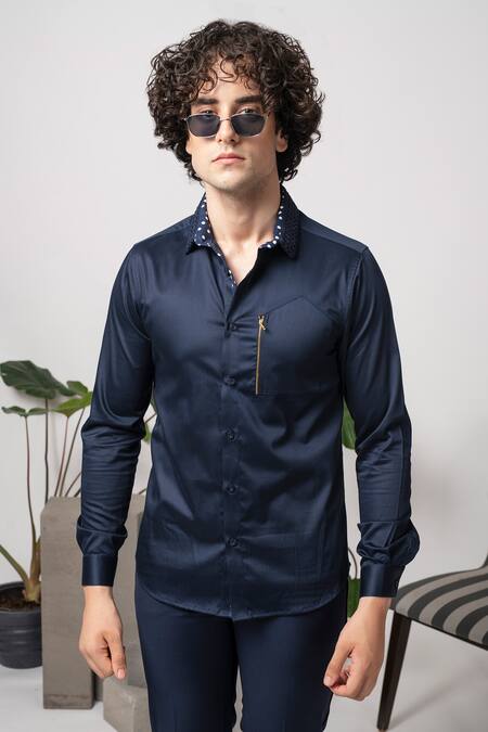 Shop_Abkasa_Blue Cotton Gerald Mesh Collar Shirt _Online_at_Aza_Fashions