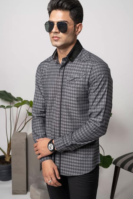 Abkasa_Grey 100% Cotton Manhattan Panelled Shirt _Online_at_Aza_Fashions