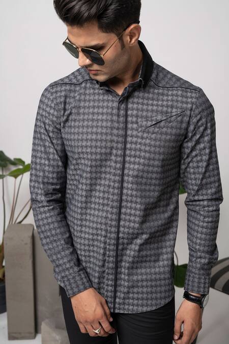Buy_Abkasa_Grey 100% Cotton Manhattan Panelled Shirt _Online_at_Aza_Fashions