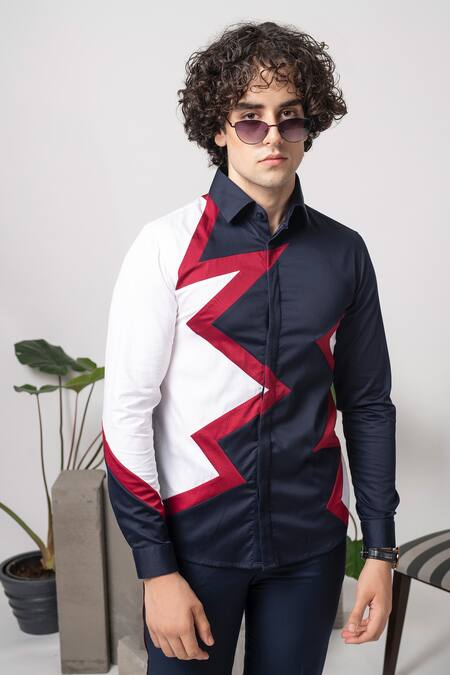 Abkasa Blue Cotton Embroidery Star Slim Fit Shirt Online at Aza Fashions Abkasa_Blue Cotton Embroidery Star Slim Fit Shirt _Online_at_Aza_Fashions