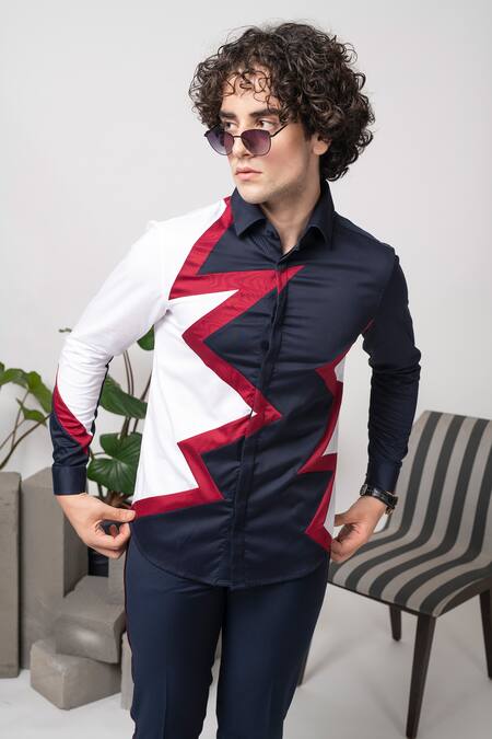 Buy Abkasa Blue Cotton Embroidery Star Slim Fit Shirt Online at Aza Fashions Buy_Abkasa_Blue Cotton Embroidery Star Slim Fit Shirt _Online_at_Aza_Fashions