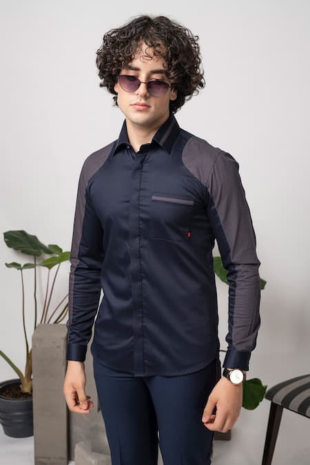 Abkasa Blue Cotton Bosch Panelled Shirt Online at Aza Fashions Abkasa_Blue Cotton Bosch Panelled Shirt _Online_at_Aza_Fashions