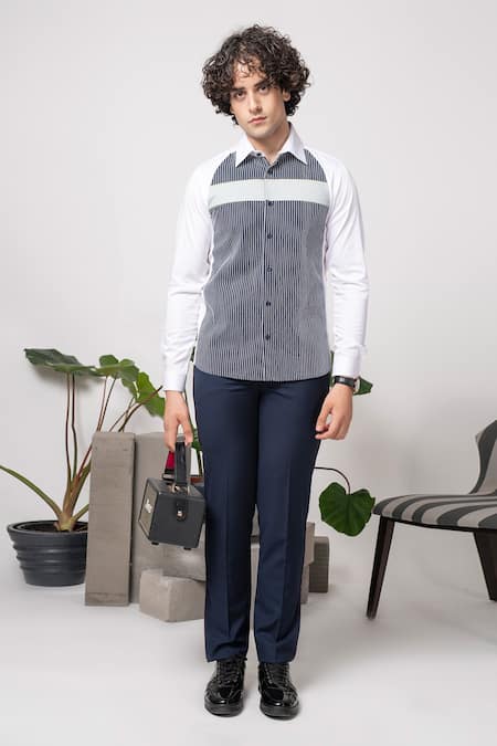 Abkasa White Cotton Clipper Color Blocked Shirt Online at Aza Fashions Abkasa_White Cotton Clipper Color Blocked Shirt _Online_at_Aza_Fashions