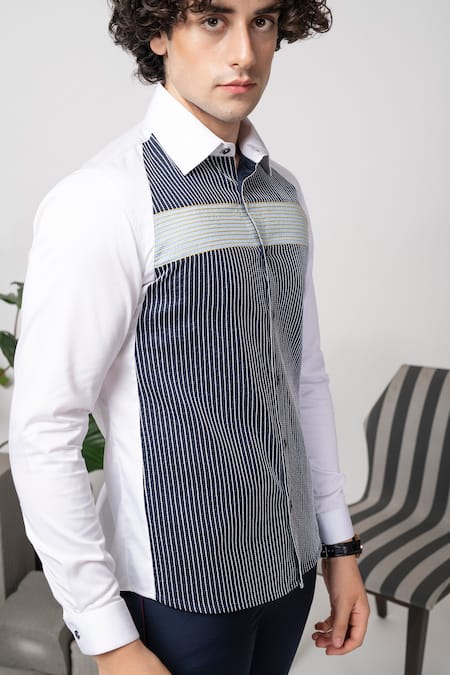 Shop Abkasa White Cotton Clipper Color Blocked Shirt Online at Aza Fashions Shop_Abkasa_White Cotton Clipper Color Blocked Shirt _Online_at_Aza_Fashions