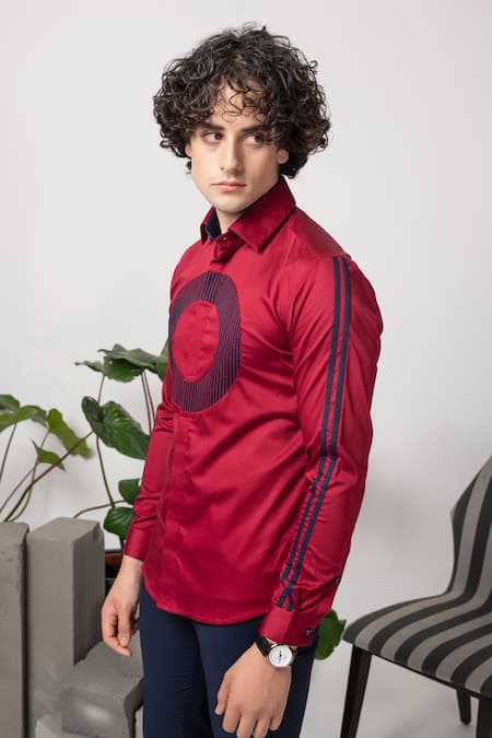 Abkasa Maroon Cotton Embroidery Crator Slim Fit Shirt Online at Aza Fashions Abkasa_Maroon Cotton Embroidery Crator Slim Fit Shirt _Online_at_Aza_Fashions