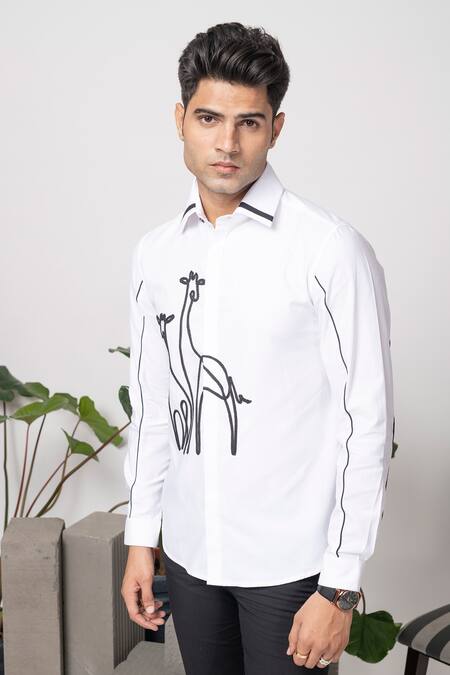 Abkasa_White 100% Cotton Embroidered Giraffe Slim Fit Shirt _Online_at_Aza_Fashions