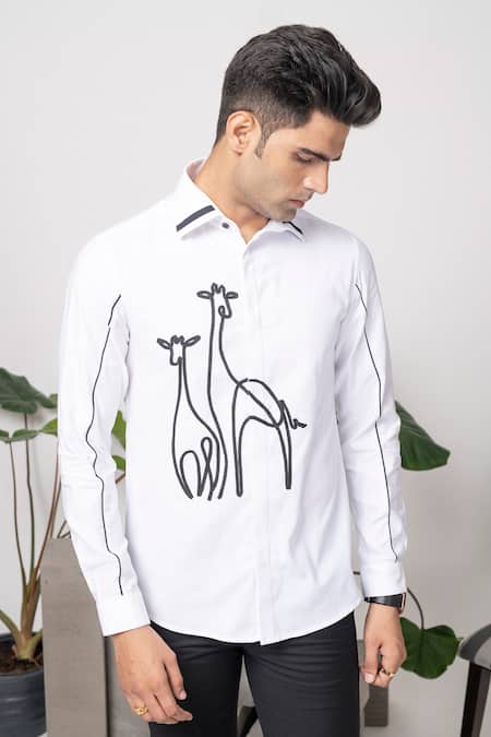 Buy_Abkasa_White 100% Cotton Embroidered Giraffe Slim Fit Shirt _Online_at_Aza_Fashions