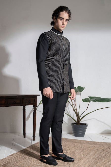 Abkasa Black Terrycloth Embroidery Galle Geometric Bandhgala And Trouser Set Online at Aza Fashions Abkasa_Black Terrycloth Embroidery Galle Geometric Bandhgala And Trouser Set _Online_at_Aza_Fashions