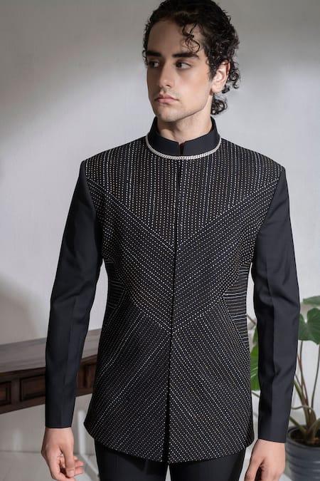 Buy Abkasa Black Terrycloth Embroidery Galle Geometric Bandhgala And Trouser Set Online at Aza Fashions Buy_Abkasa_Black Terrycloth Embroidery Galle Geometric Bandhgala And Trouser Set _Online_at_Aza_Fashions