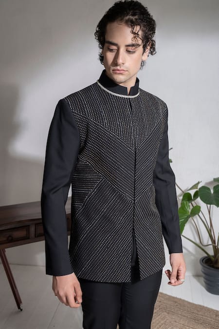 Shop Abkasa Black Terrycloth Embroidery Galle Geometric Bandhgala And Trouser Set Online at Aza Fashions Shop_Abkasa_Black Terrycloth Embroidery Galle Geometric Bandhgala And Trouser Set _Online_at_Aza_Fashions