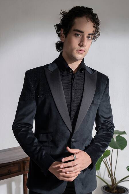 Abkasa Black Velvet, Terrycloth Beads Old Harry Embroidered Coat And Trouser Set Online at Aza Fashions Abkasa_Black Velvet, Terrycloth Beads Old Harry Embroidered Coat And Trouser Set _Online_at_Aza_Fashions