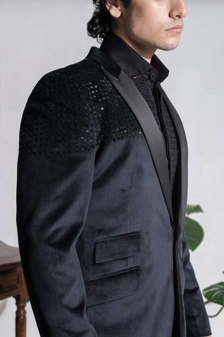 Shop Abkasa Black Velvet, Terrycloth Beads Old Harry Embroidered Coat And Trouser Set Online at Aza Fashions Shop_Abkasa_Black Velvet, Terrycloth Beads Old Harry Embroidered Coat And Trouser Set _Online_at_Aza_Fashions