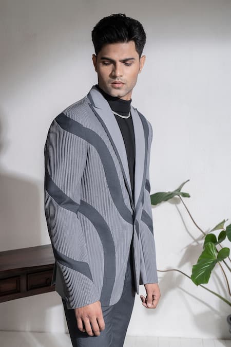 Abkasa_Grey Terry Rayon Pintucks Horseshoe Curved Panels Coat And Trouser Set  _Online_at_Aza_Fashions