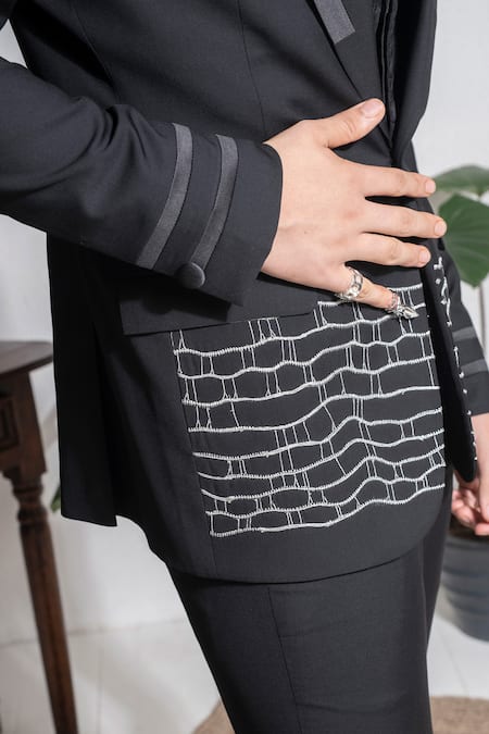 Shop Abkasa Black Terrycloth Zari Ayer Embroidered Hem Coat And Trouser Set Online at Aza Fashions Shop_Abkasa_Black Terrycloth Zari Ayer Embroidered Hem Coat And Trouser Set _Online_at_Aza_Fashions