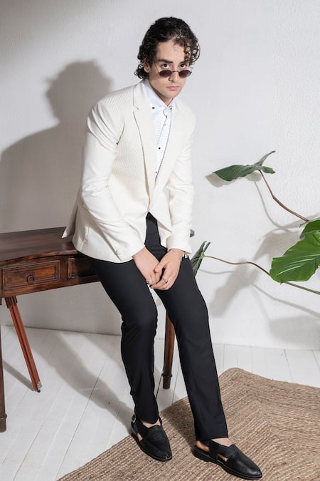 Abkasa_Ivory Terrycloth Embroidery Kaaba Pintucks Coat And Trouser Set _Online_at_Aza_Fashions