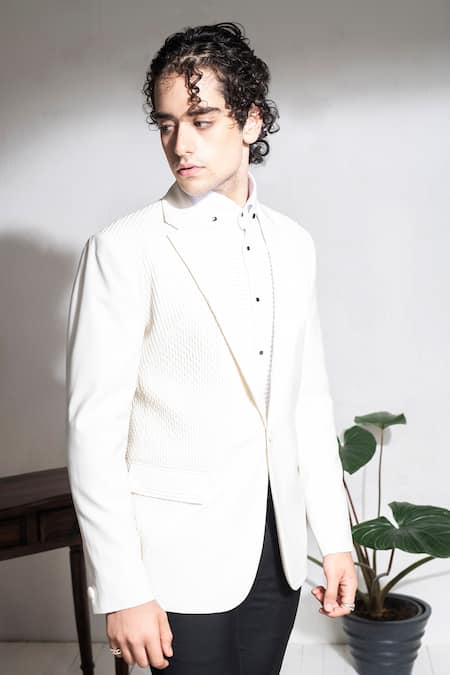 Abkasa_Ivory Terrycloth Embroidery Kaaba Pintucks Coat And Trouser Set _at_Aza_Fashions