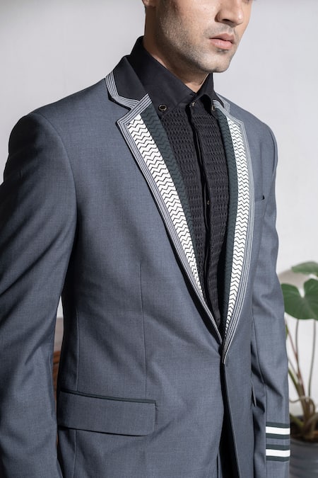 Shop Abkasa Grey Terrycloth Everest Color Block Lapel Coat And Trouser Set Online at Aza Fashions Shop_Abkasa_Grey Terrycloth Everest Color Block Lapel Coat And Trouser Set _Online_at_Aza_Fashions