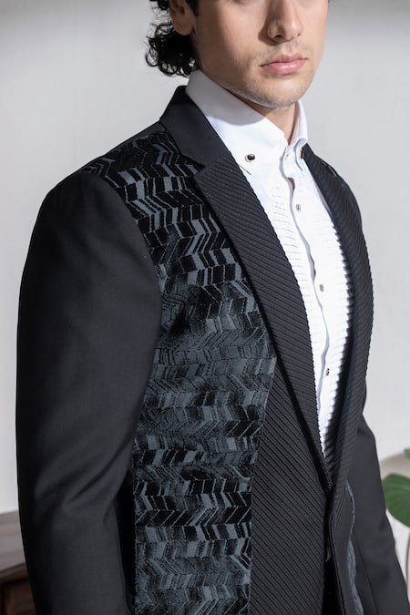 Abkasa Black Terrycloth, Rayon Chimney Textured Panel Coat And Trouser Set Online at Aza Fashions Abkasa_Black Terrycloth, Rayon Chimney Textured Panel Coat And Trouser Set _Online_at_Aza_Fashions