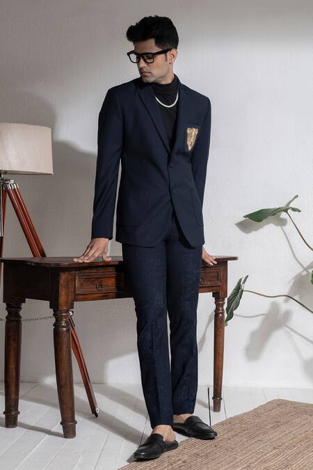 Abkasa Blue Terrycloth Embroidery Hoodoos Patch Pocket Coat And Trouser Set Online at Aza Fashions Abkasa_Blue Terrycloth Embroidery Hoodoos Patch Pocket Coat And Trouser Set _Online_at_Aza_Fashions