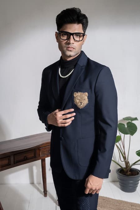 Shop Abkasa Blue Terrycloth Embroidery Hoodoos Patch Pocket Coat And Trouser Set Online at Aza Fashions Shop_Abkasa_Blue Terrycloth Embroidery Hoodoos Patch Pocket Coat And Trouser Set _Online_at_Aza_Fashions