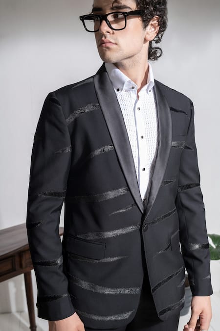 Shop Abkasa Black Terrycloth Embroidery Causeway Textured Coat And Trouser Set Online at Aza Fashions Shop_Abkasa_Black Terrycloth Embroidery Causeway Textured Coat And Trouser Set _Online_at_Aza_Fashions