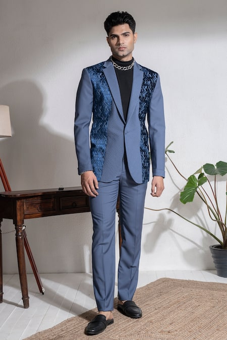 Abkasa Blue Terrycloth Nyor Textured Panel Coat And Trouser Set Online at Aza Fashions Abkasa_Blue Terrycloth Nyor Textured Panel Coat And Trouser Set _Online_at_Aza_Fashions