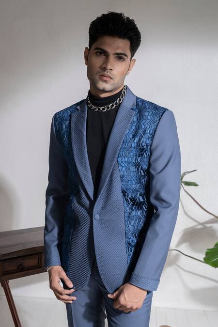 Buy Abkasa Blue Terrycloth Nyor Textured Panel Coat And Trouser Set Online at Aza Fashions Buy_Abkasa_Blue Terrycloth Nyor Textured Panel Coat And Trouser Set _Online_at_Aza_Fashions