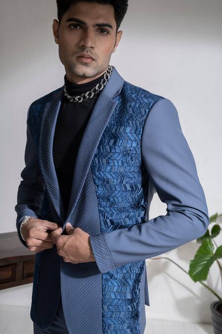 Shop Abkasa Blue Terrycloth Nyor Textured Panel Coat And Trouser Set Online at Aza Fashions Shop_Abkasa_Blue Terrycloth Nyor Textured Panel Coat And Trouser Set _Online_at_Aza_Fashions