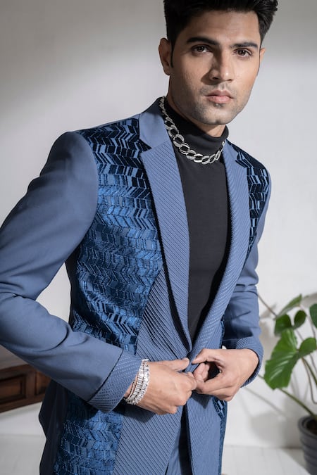 Abkasa Blue Terrycloth Nyor Textured Panel Coat And Trouser Set at Aza Fashions Abkasa_Blue Terrycloth Nyor Textured Panel Coat And Trouser Set _at_Aza_Fashions