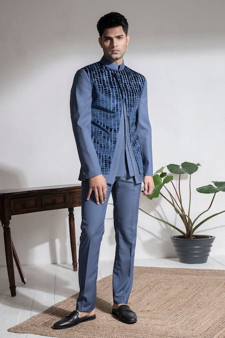 Abkasa Blue Terrycloth Embroidery Avila Textured Bandhgala And Trouser Set Online at Aza Fashions Abkasa_Blue Terrycloth Embroidery Avila Textured Bandhgala And Trouser Set _Online_at_Aza_Fashions