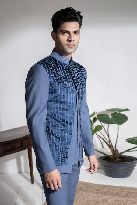 Shop Abkasa Blue Terrycloth Embroidery Avila Textured Bandhgala And Trouser Set Online at Aza Fashions Shop_Abkasa_Blue Terrycloth Embroidery Avila Textured Bandhgala And Trouser Set _Online_at_Aza_Fashions