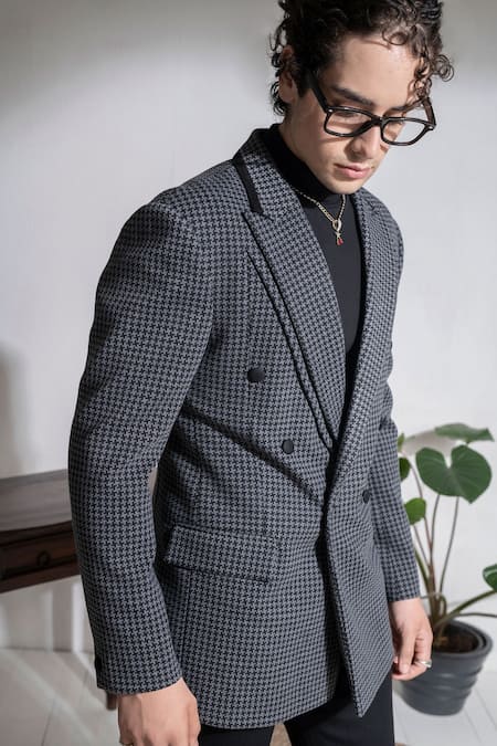 Buy_Abkasa_Grey Terry Rayon Abstract Double Breasted Coat And Trouser Set  _Online_at_Aza_Fashions