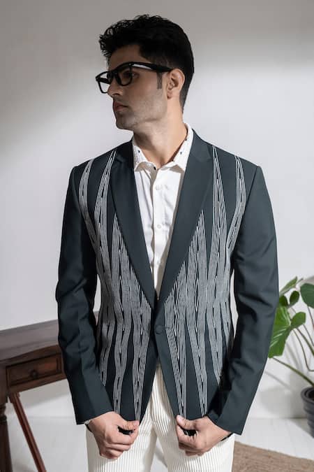 Abkasa Green Terrycloth Embroidery Rosetta Linear Pattern Coat And Pintucks Trouser Set Online at Aza Fashions Abkasa_Green Terrycloth Embroidery Rosetta Linear Pattern Coat And Pintucks Trouser Set _Online_at_Aza_Fashions