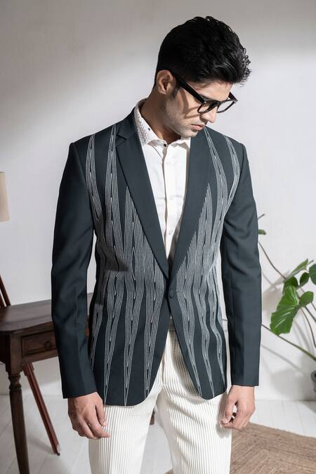 Shop Abkasa Green Terrycloth Embroidery Rosetta Linear Pattern Coat And Pintucks Trouser Set Online at Aza Fashions Shop_Abkasa_Green Terrycloth Embroidery Rosetta Linear Pattern Coat And Pintucks Trouser Set _Online_at_Aza_Fashions